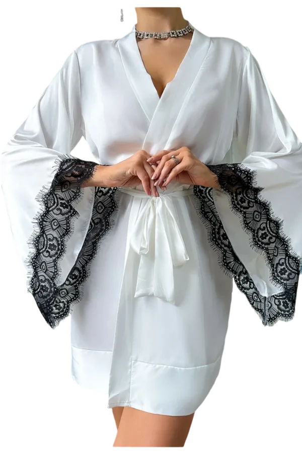 Short white robe with black lace details from b2b sexy loungewear sets