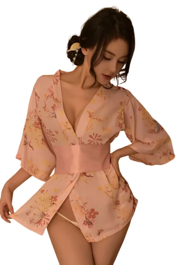 Delicate pink custom kimono lingerie with subtle floral prints
