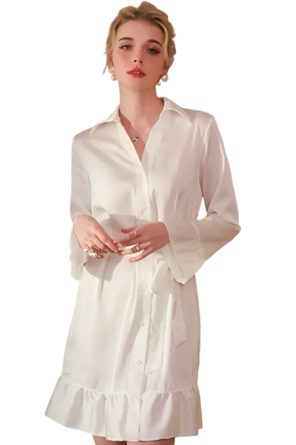 A white bulk sexy winter loungewear dress with long sleeves and ruffle hem.