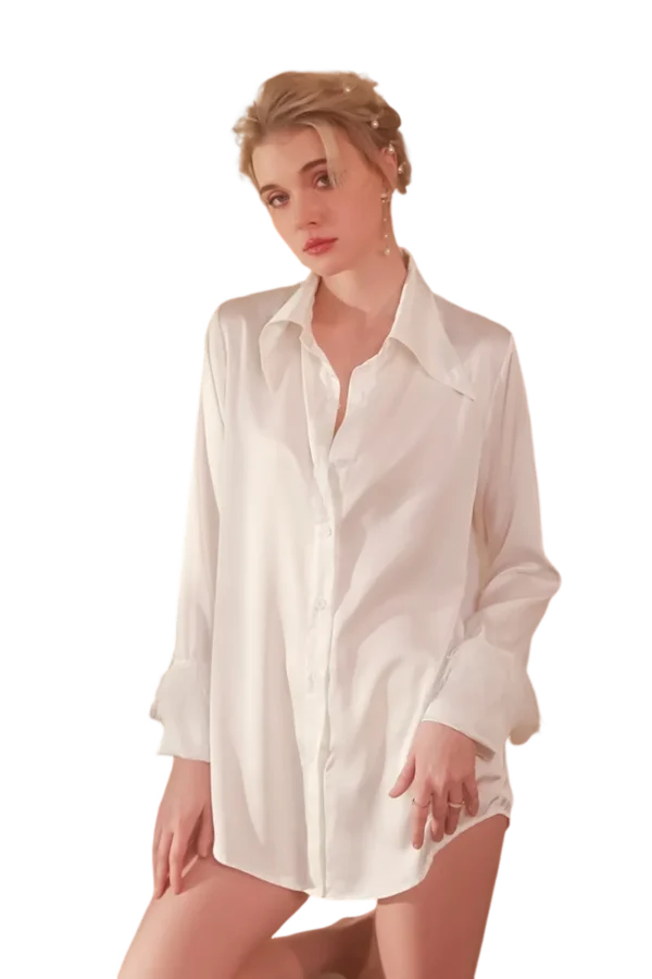 A model in a white button-down custom comfy sexy loungewear set.