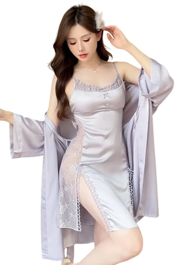 Model wearing silky lavender plus size loungewear with lace detailing, perfect for a sexy wholesale collection.