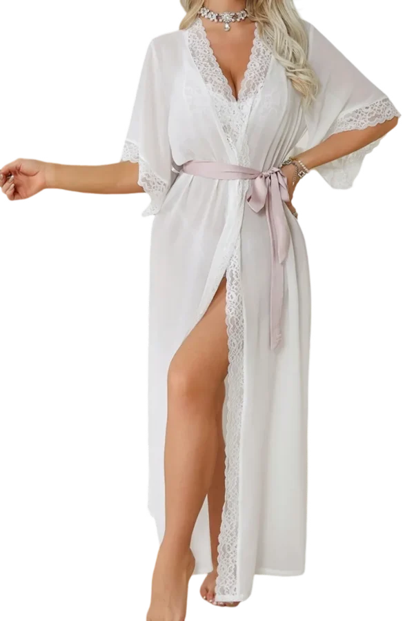 Wholesale comfortable sexy loungewear in a white lace kimono with pink sash