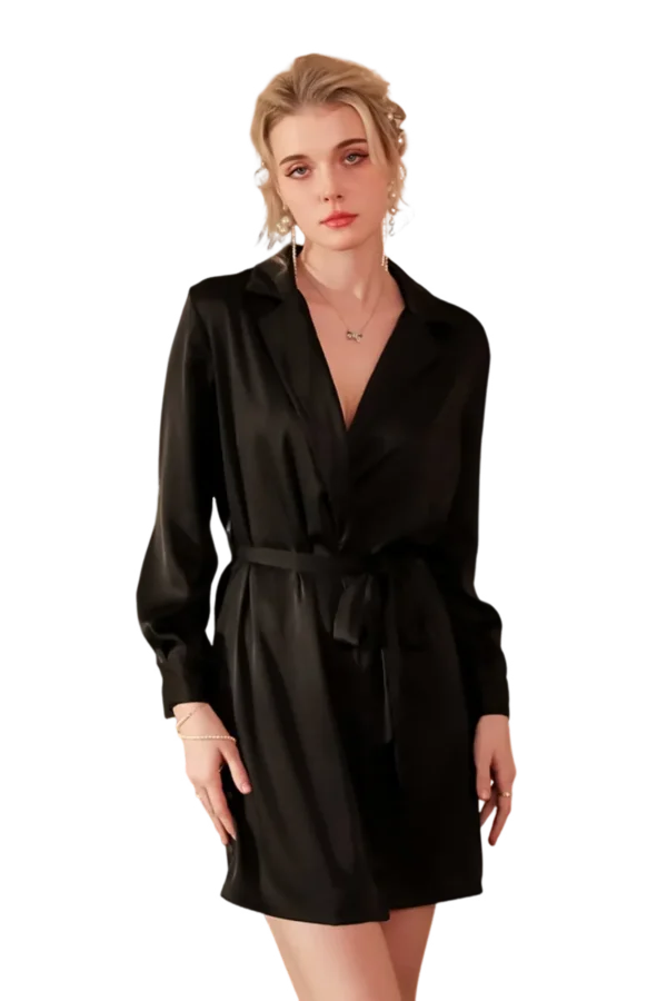Wholesale comfy sexy loungewear black robe with a sleek waist tie and feminine design