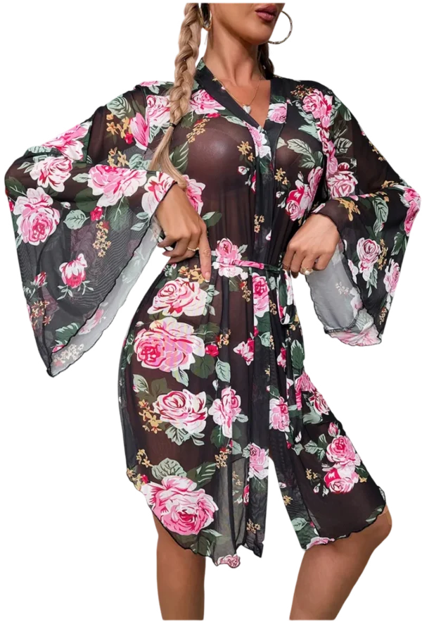 Sexy women’s floral sheer kimono loungewear for wholesale