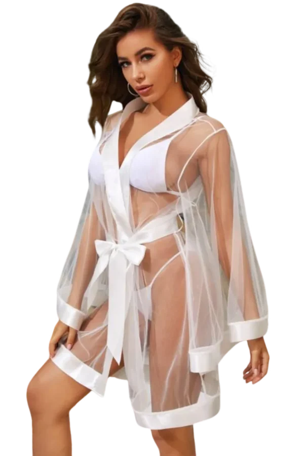A model wearing a white sheer robe with satin trim, part of a wholesale sexy loungewear collection.