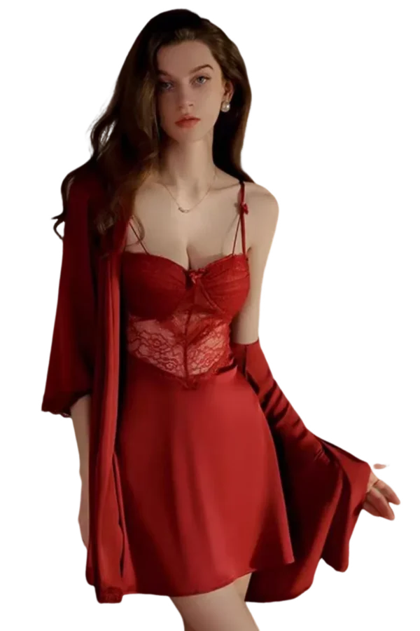 Wholesale sexy plus loungewear with red lace overlay and delicate straps.