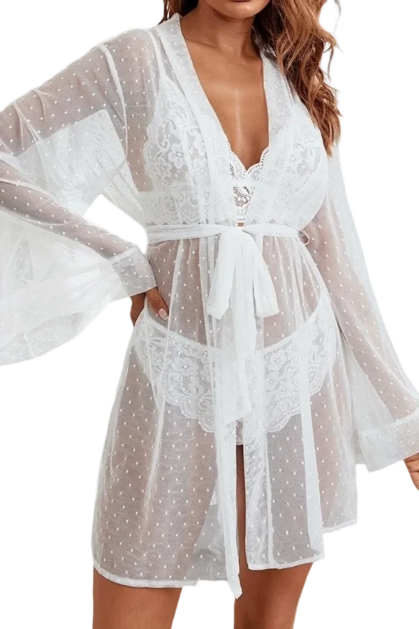 wholesale womens sexy loungewear sheer lace robe with belt