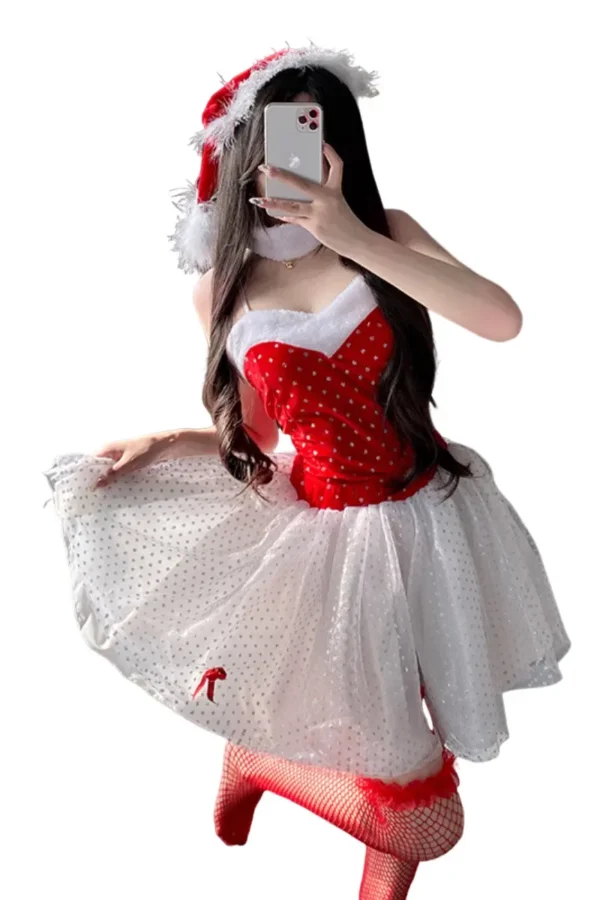 Holiday-themed B2B Christmas bodysuit lingerie with fluffy white skirt