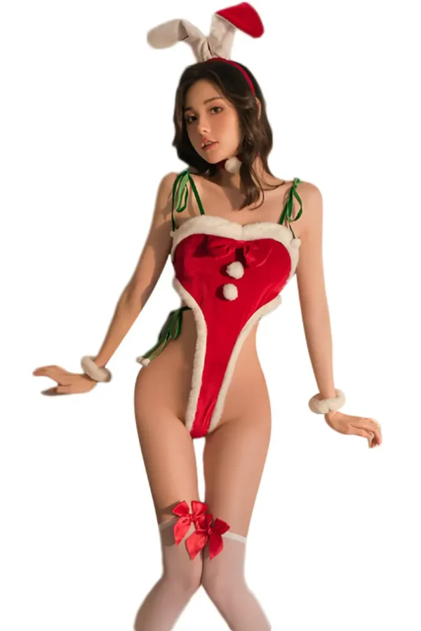 Woman wearing a b2b Christmas lingerie bodysuit in front view