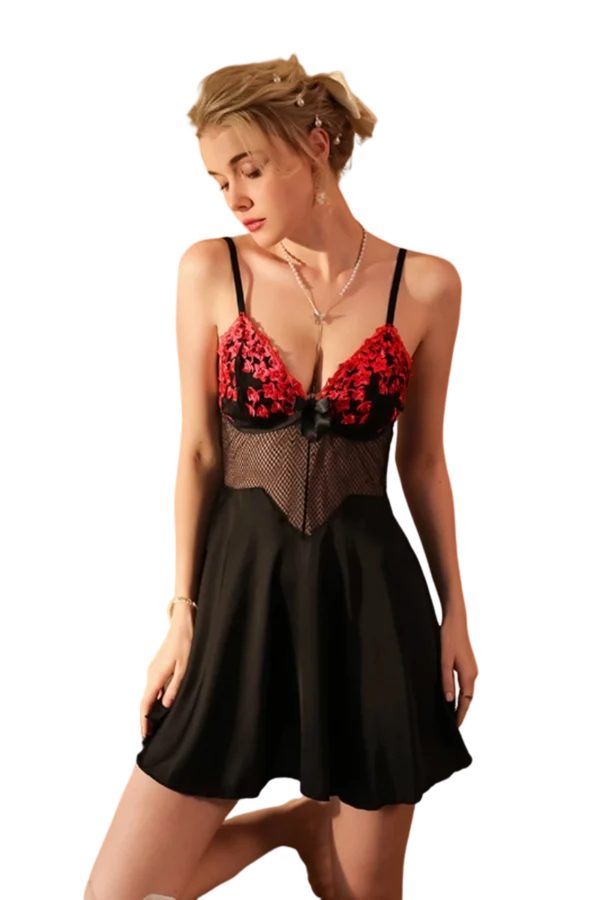 B2B lace nightgown vintage in red floral design with mesh detailing