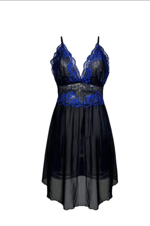 B2B sexy lace nightgown with elegant blue lace and sheer fabric.