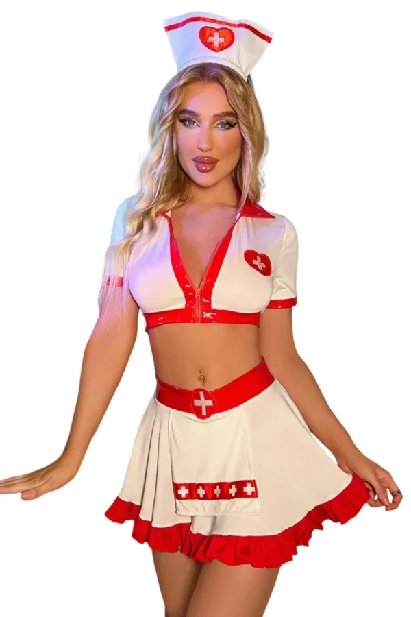 Cropped top and mini skirt design of B2B sexy women nurse costume.