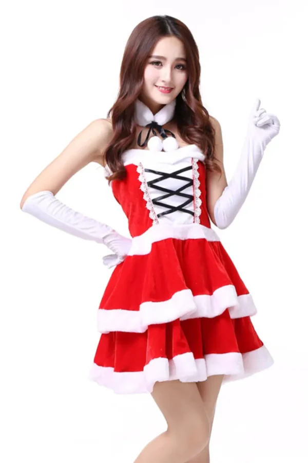 Back view of bulk sexy Christmas lingerie showing red velvet and white lace accents