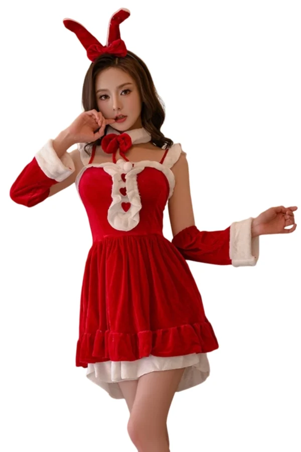 Red velvet private label Christmas dress lingerie with white fur trim