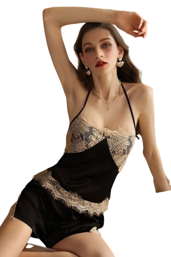 Bulk cotton lace nightgown in black, with elegant lace design on the front