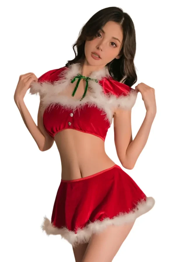 Bulk Christmas lingerie dress with fluffy trim cape and skirt set