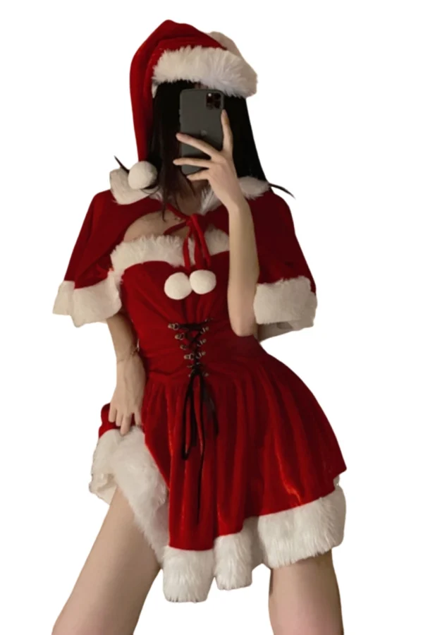 Side view of bulk Christmas lingerie stockings set in red and white