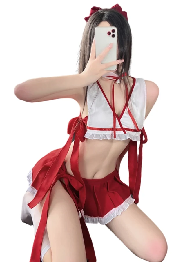 Red bulk crotchless Christmas lingerie with bow detail