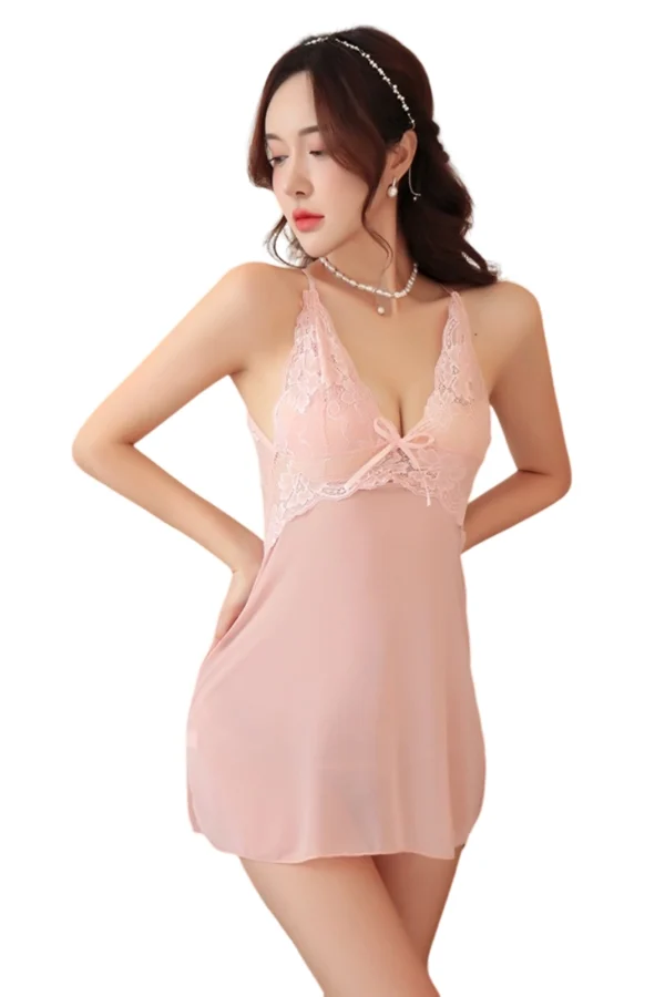Light pink lace silk nightgown for bulk sale, featuring exquisite lace work.