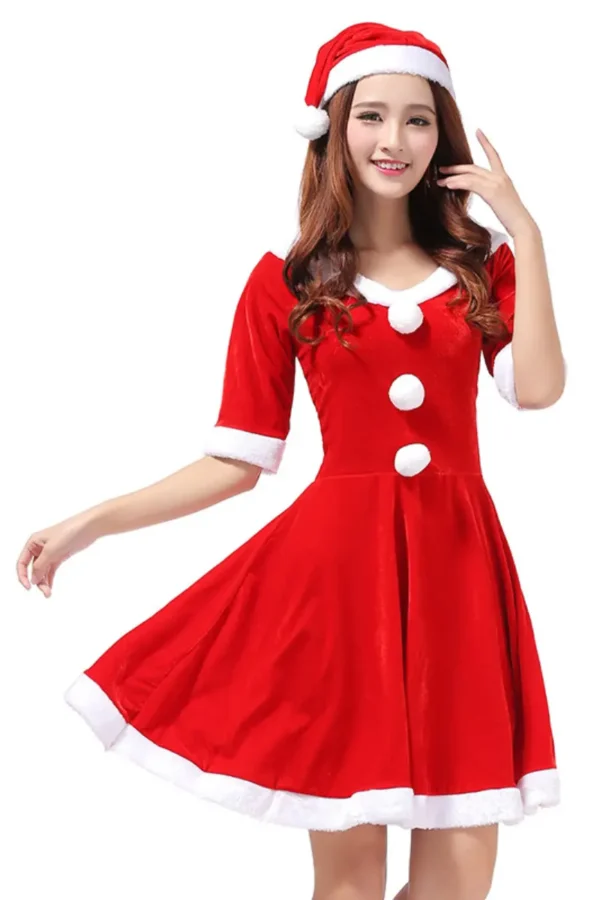 Bulk lingerie Christmas dress featuring a red velvet Santa design with white pom-poms