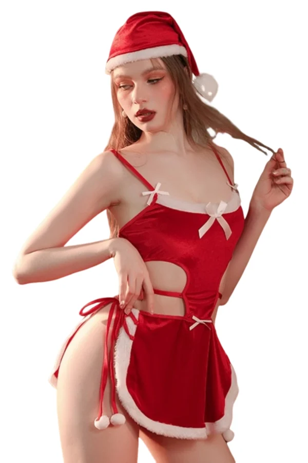 Stylish bulk Santa costume with fur trim on red velvet