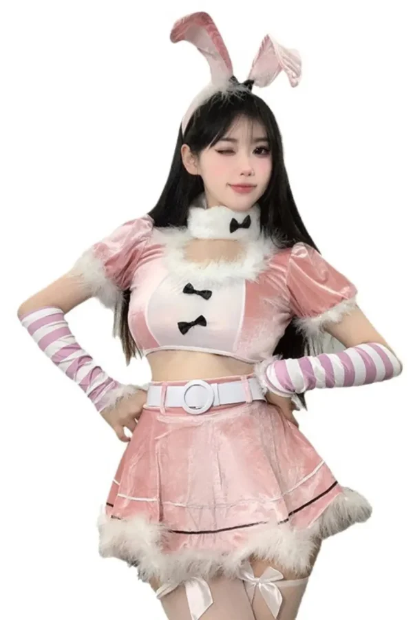 Flirty pink bulk Sexy Santa Costume with bunny ears and bow details