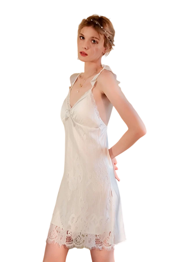 Bulk white lace nightgown with a lace-accented front, ideal for wholesale