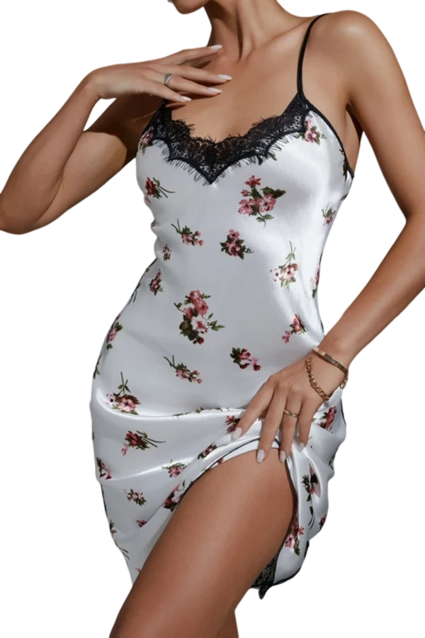 Elegant bulk white lace nightgown with floral design, front view