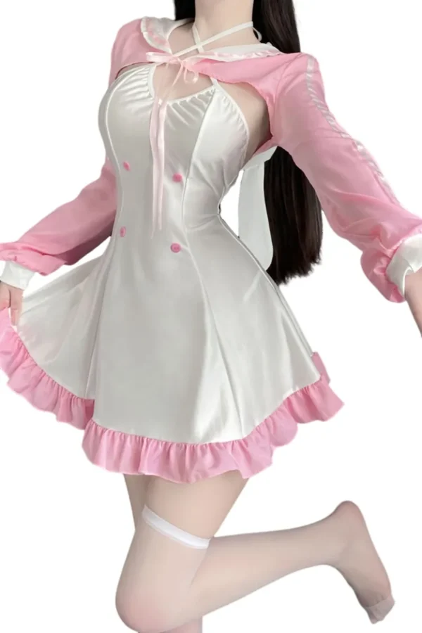 A bulk women's sexy loungewear dress in pink satin with ruffled hem and thigh-high stockings.