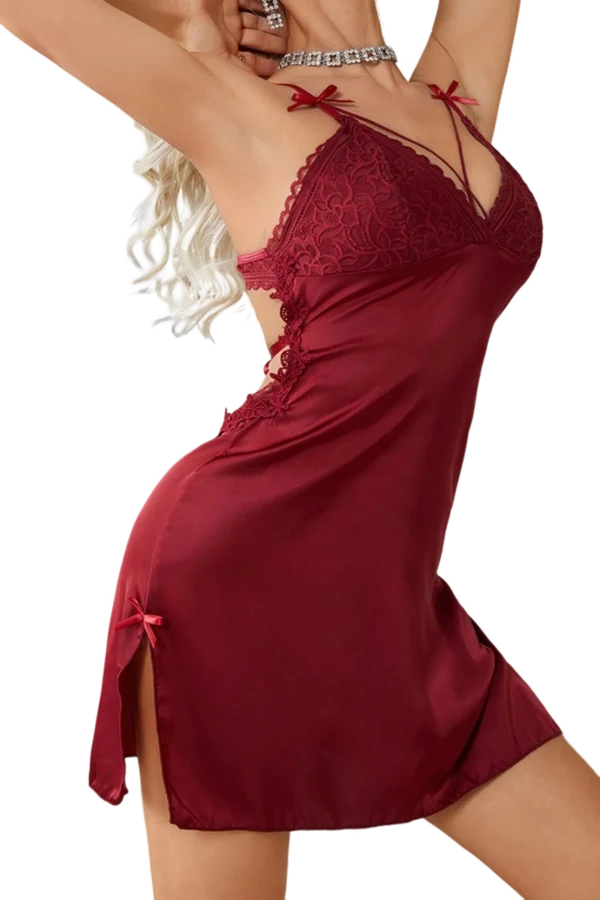 Front view of a private label lace chemise nightgown in burgundy with intricate bow details.