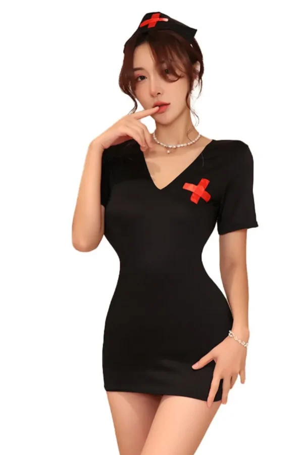 Stylish B2B Women Naughty Nurse Black Outfit with Headpiece