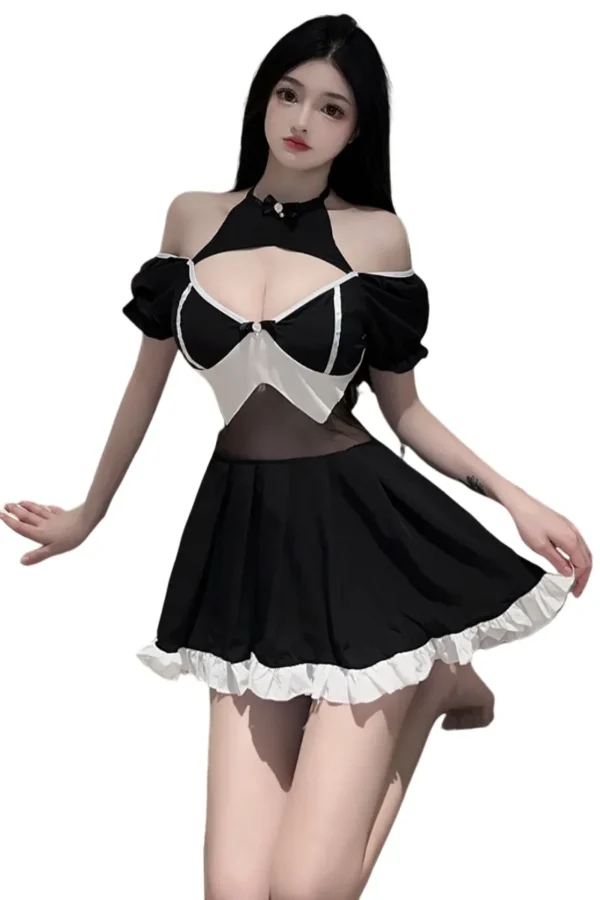 Chic womens sexy loungewear OEM outfit in black with a short skirt and white accents.