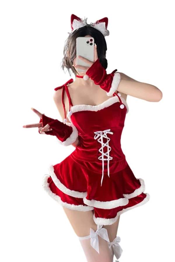 Model in Christmas lingerie porn wholesale red velvet Santa set with white fur trim
