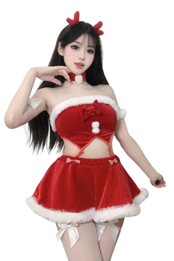 Christmas lingerie set wholesale back view of holiday velvet outfit with fur trim