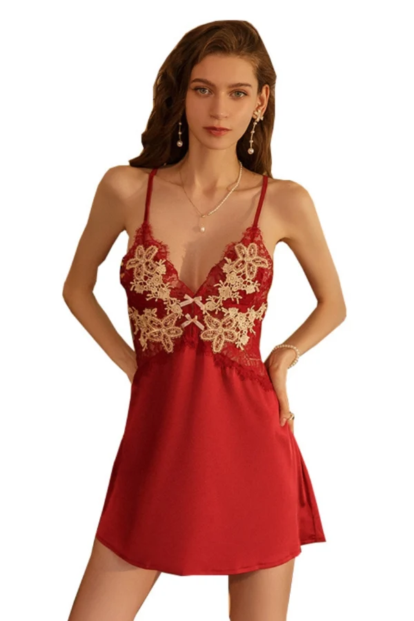 Classic red private label stretch lace bodice nightgown with intricate floral lacework.