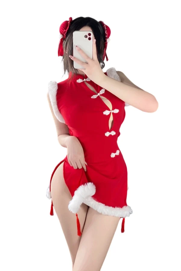 Red cheongsam-inspired crotchless Christmas lingerie wholesale piece