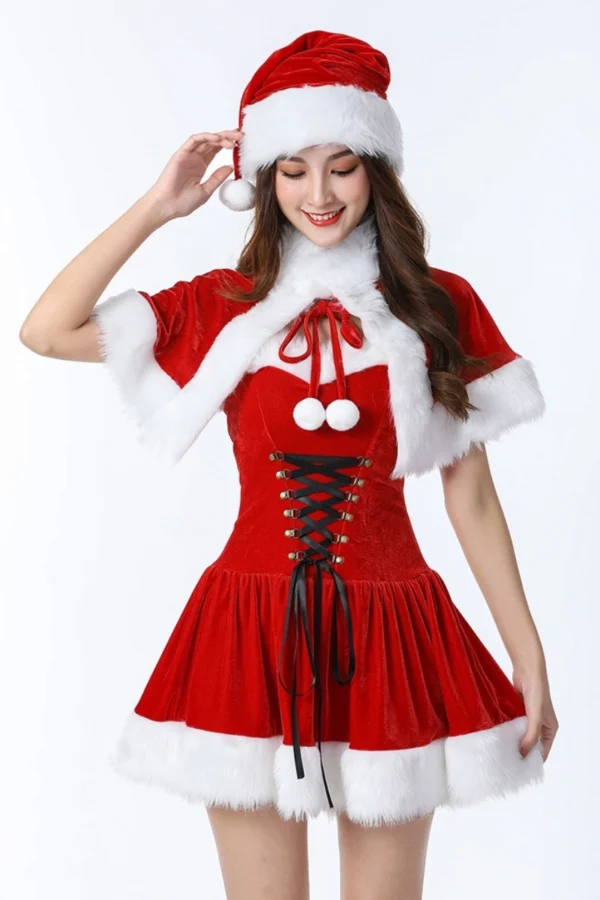 Red custom body Christmas lingerie dress with pom-pom accents