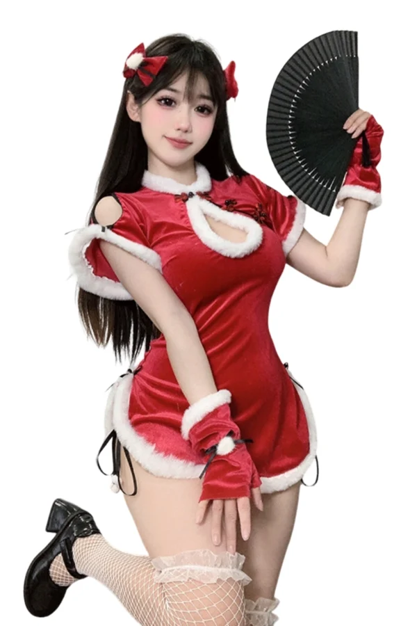 Woman wearing custom Christmas lingerie set in festive design