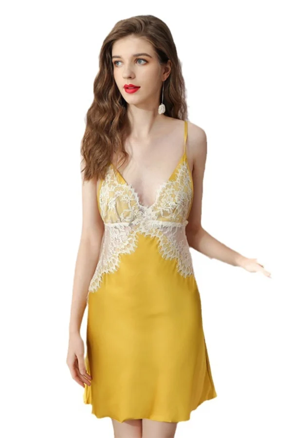 Elegant yellow custom cotton lace nightgown with intricate design