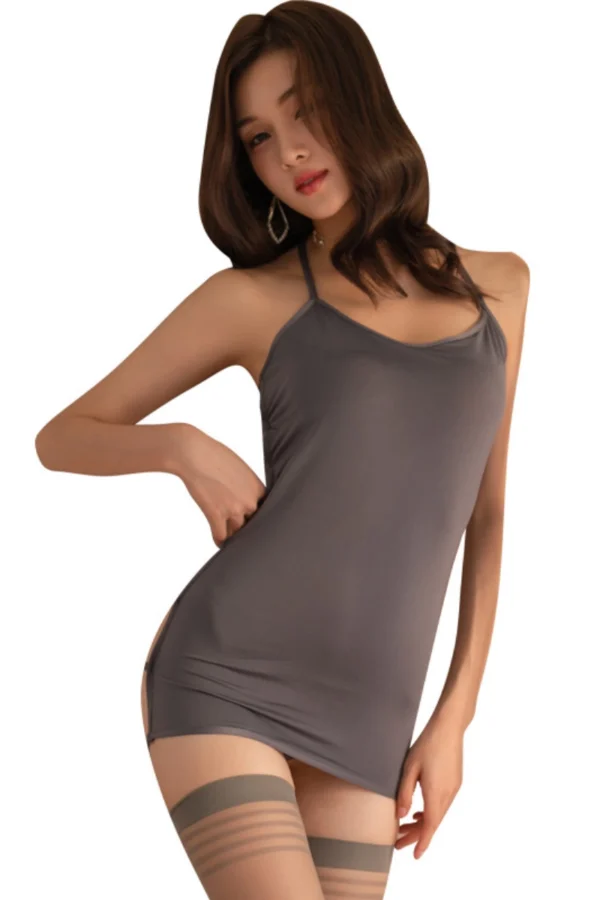 Sleek grey custom lace halter nightgown showcasing the front view.