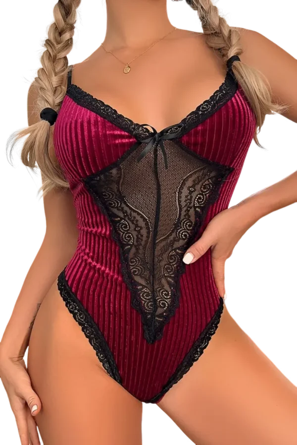 Custom long lace nightgown in red velvet with lace details