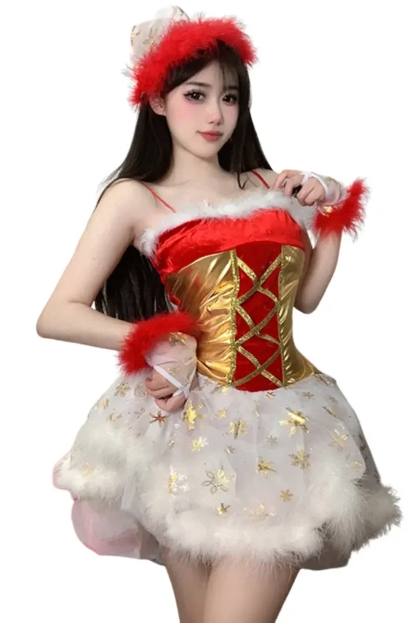 Custom nude Christmas lingerie with festive fluff and red accents for a seasonal look.