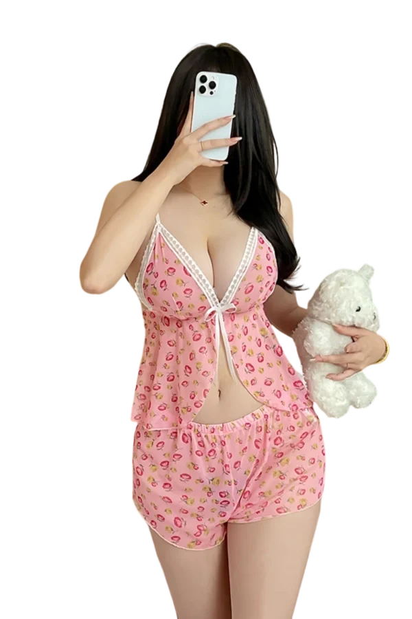 Custom pink lace nightgown featuring a floral print and lace trim, front view.