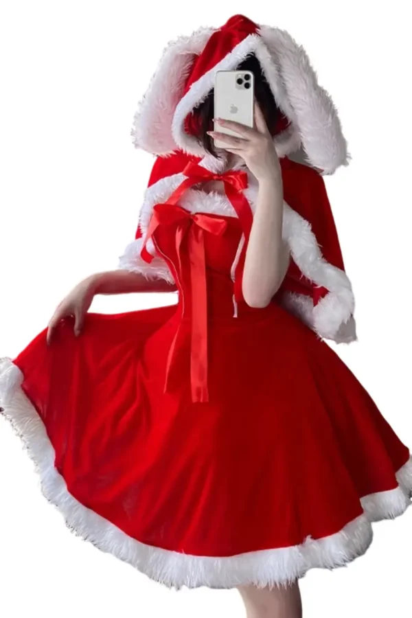 Custom plus size Christmas lingerie in red with a hood and ribbon.