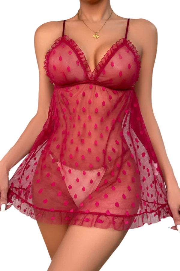 Custom see through lace nightgown with intricate design and polka dot pattern.