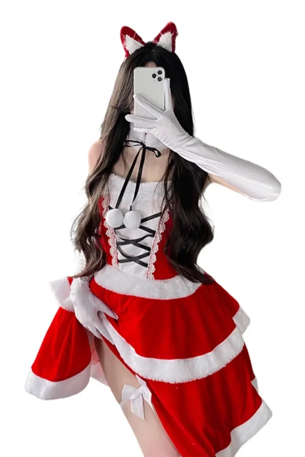 Custom sexy Christmas lingerie with lace-up front and white gloves