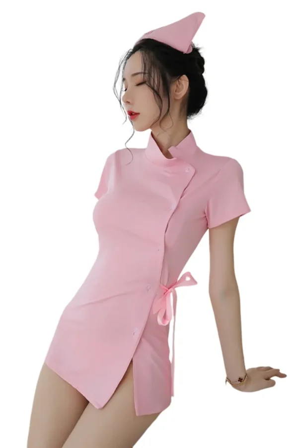Custom sexy nurse outfit in pink with side tie for personalized style