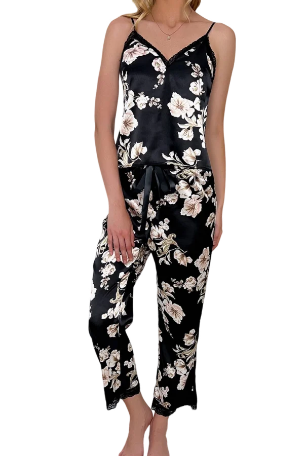 Custom silk and lace nightgown in black with floral design