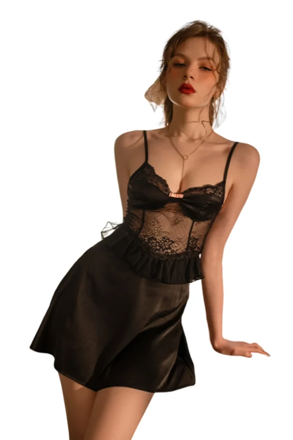 Custom vintage lace bodice nightgown in black with ruffle accents and sheer lace.