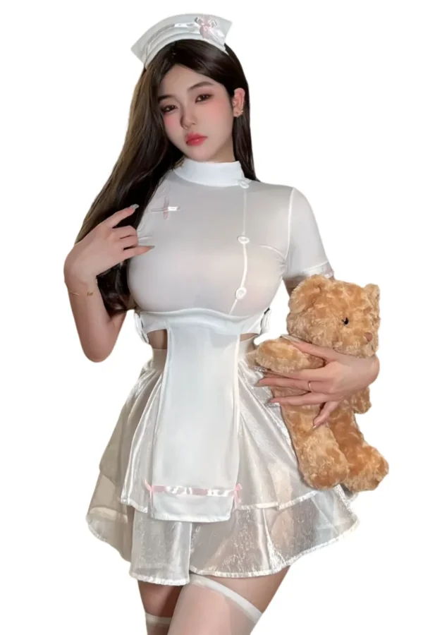 Custom women nurse outfit featuring a transparent top with a teddy bear accessory.